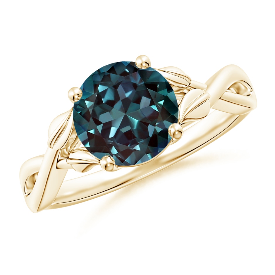 8mm Labgrown Nature Inspired Lab-Grown Alexandrite Crossover Ring with Leaf Motifs in Yellow Gold 
