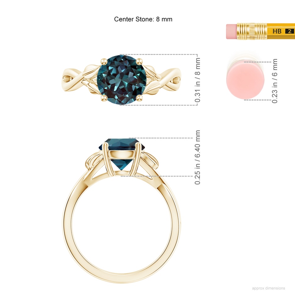 8mm Labgrown Nature Inspired Lab-Grown Alexandrite Crossover Ring with Leaf Motifs in Yellow Gold ruler