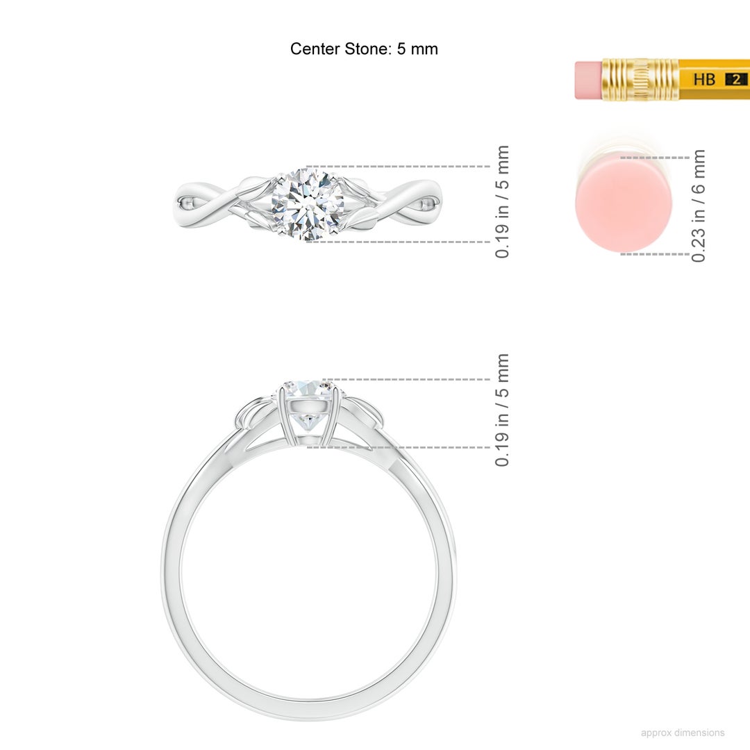 5.1mm FGVS Lab-Grown Nature Inspired Diamond Crossover Ring with Leaf Motifs in White Gold - ruler