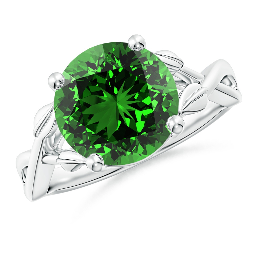 10mm Labgrown Lab-Grown Nature Inspired Emerald Crossover Ring with Leaf Motifs in P950 Platinum