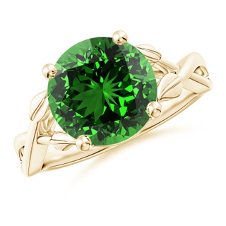 10mm Labgrown Lab-Grown Nature Inspired Emerald Crossover Ring with Leaf Motifs in Yellow Gold
