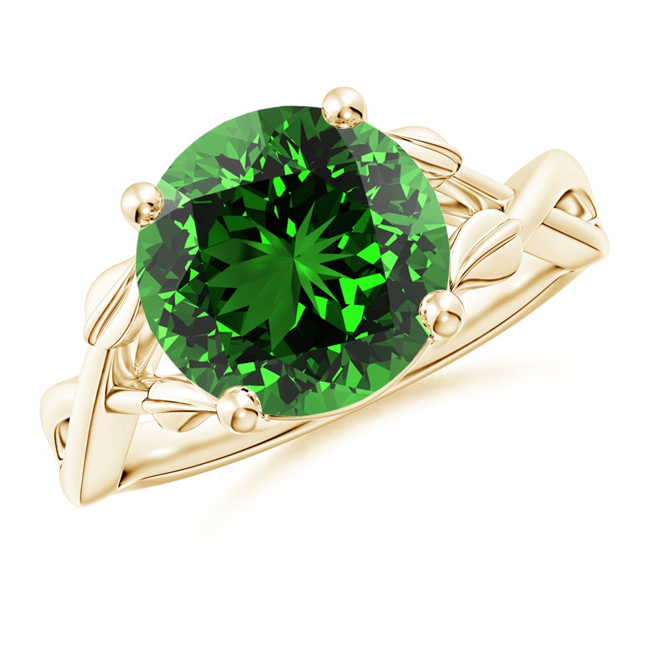 10mm Labgrown Lab-Grown Nature Inspired Emerald Crossover Ring with Leaf Motifs in Yellow Gold 