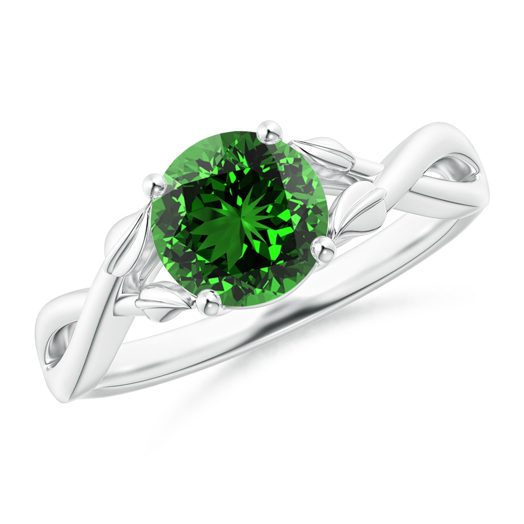 7mm Labgrown Lab-Grown Nature Inspired Emerald Crossover Ring with Leaf Motifs in White Gold 
