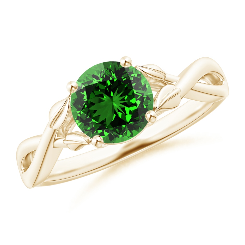 7mm Labgrown Lab-Grown Nature Inspired Emerald Crossover Ring with Leaf Motifs in Yellow Gold 