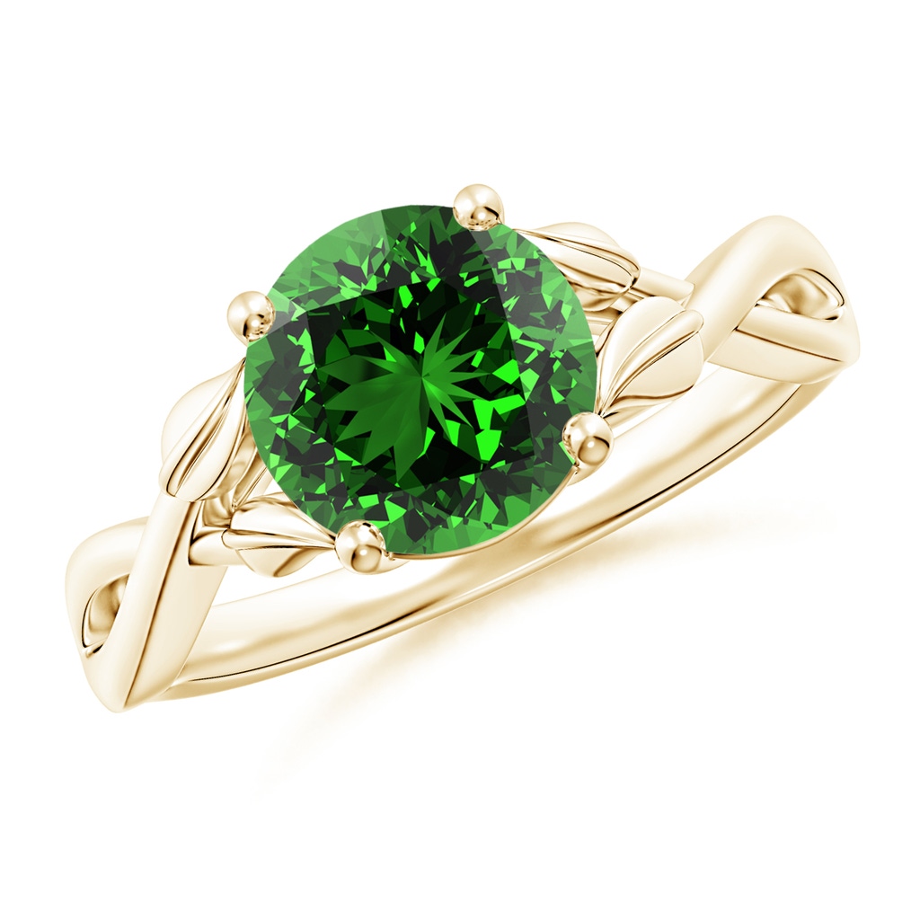 8mm Labgrown Lab-Grown Nature Inspired Emerald Crossover Ring with Leaf Motifs in Yellow Gold