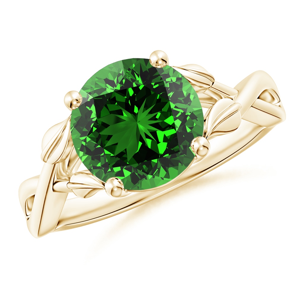 9mm Labgrown Lab-Grown Nature Inspired Emerald Crossover Ring with Leaf Motifs in Yellow Gold