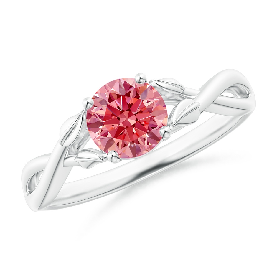 6.4mm Labgrown Nature Inspired Lab-Grown Fancy Intense Pink Diamond Crossover Ring with Leaf Motifs in White Gold 