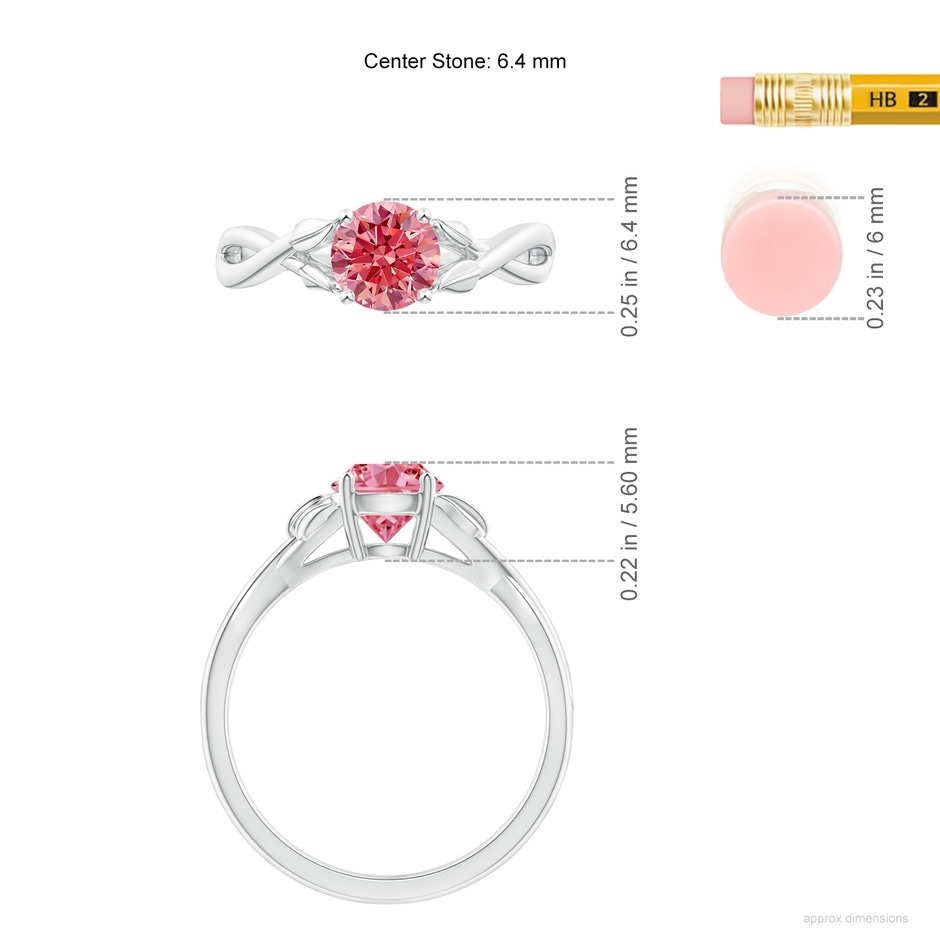 6.4mm Labgrown Nature Inspired Lab-Grown Fancy Intense Pink Diamond Crossover Ring with Leaf Motifs in White Gold ruler