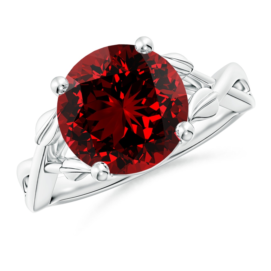 10mm Labgrown Lab-Grown Nature Inspired Ruby Crossover Ring with Leaf Motifs in White Gold 