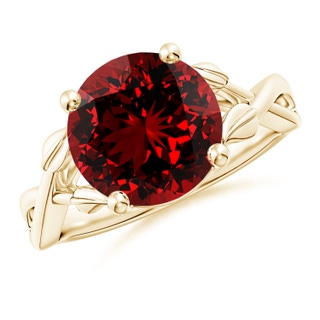 10mm Labgrown Lab-Grown Nature Inspired Ruby Crossover Ring with Leaf Motifs in Yellow Gold