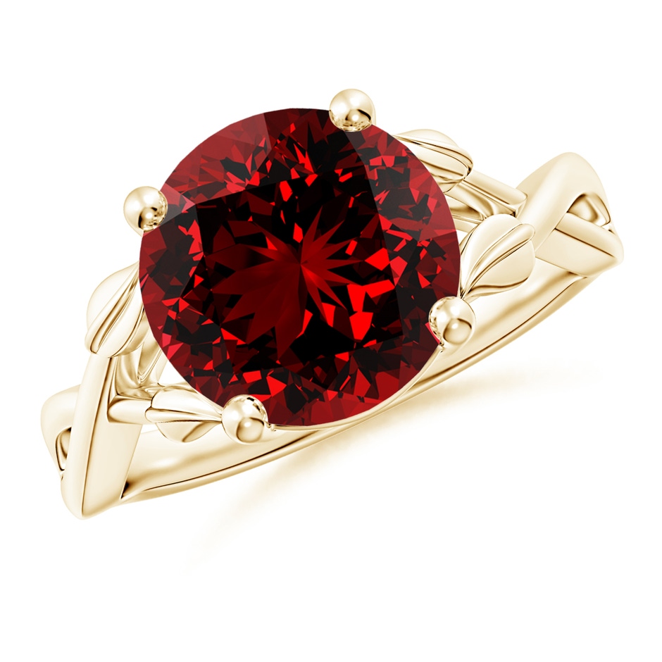 10mm Labgrown Lab-Grown Nature Inspired Ruby Crossover Ring with Leaf Motifs in Yellow Gold 
