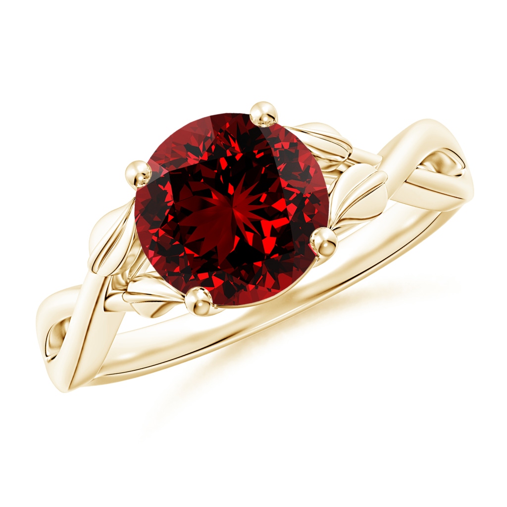 8mm Labgrown Lab-Grown Nature Inspired Ruby Crossover Ring with Leaf Motifs in Yellow Gold