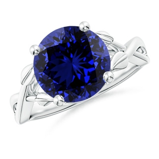 10mm Labgrown Lab-Grown Nature Inspired Blue Sapphire Crossover Ring with Leaf Motifs in White Gold