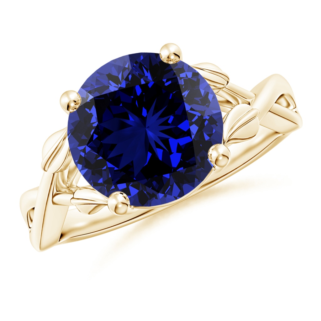 10mm Labgrown Lab-Grown Nature Inspired Blue Sapphire Crossover Ring with Leaf Motifs in Yellow Gold
