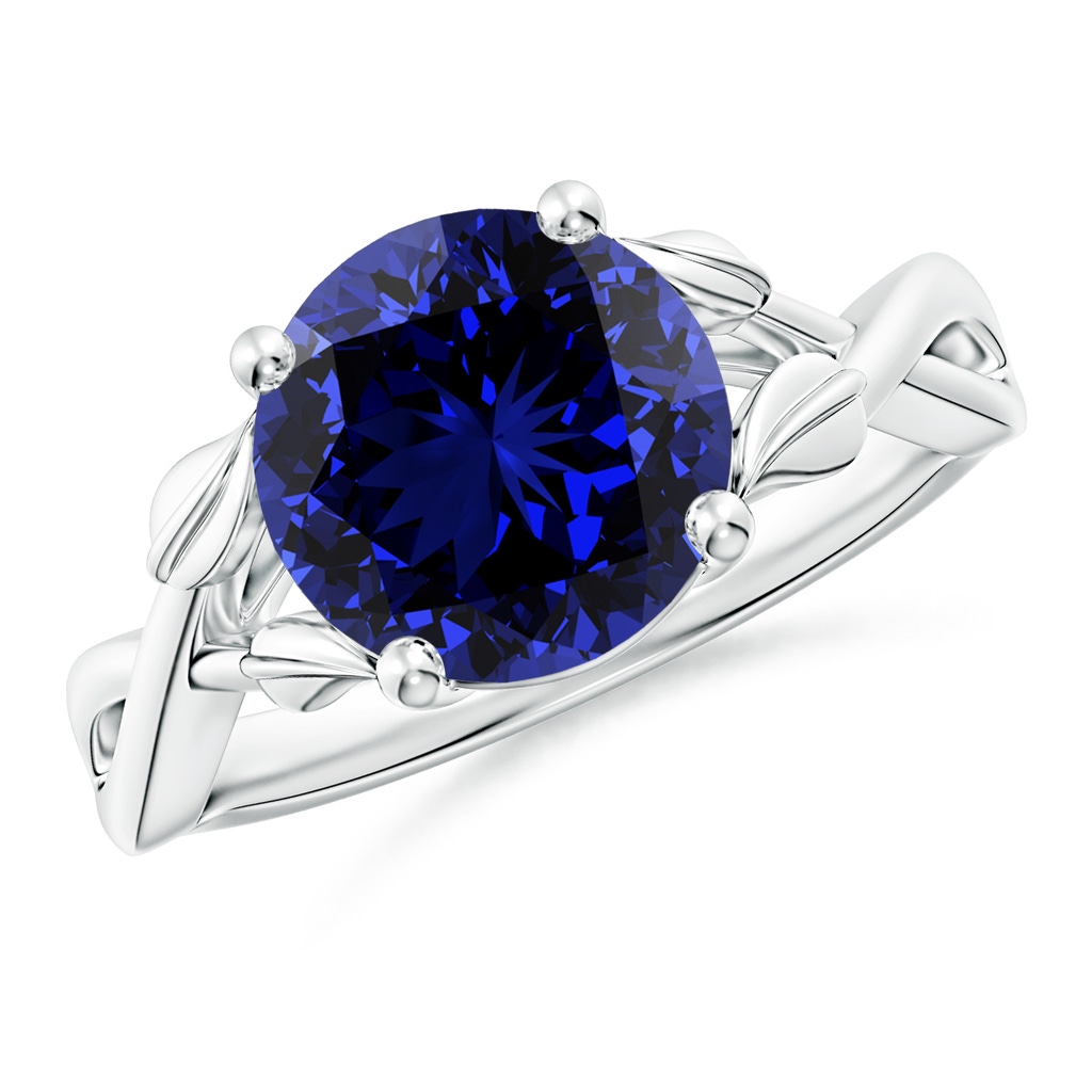 9mm Labgrown Lab-Grown Nature Inspired Blue Sapphire Crossover Ring with Leaf Motifs in White Gold