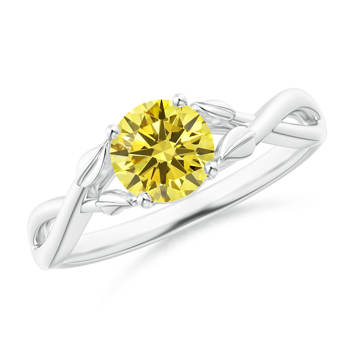 6.4mm Labgrown Nature Inspired Lab-Grown Fancy Intense Yellow Diamond Crossover Ring with Leaf Motifs in 18K White Gold