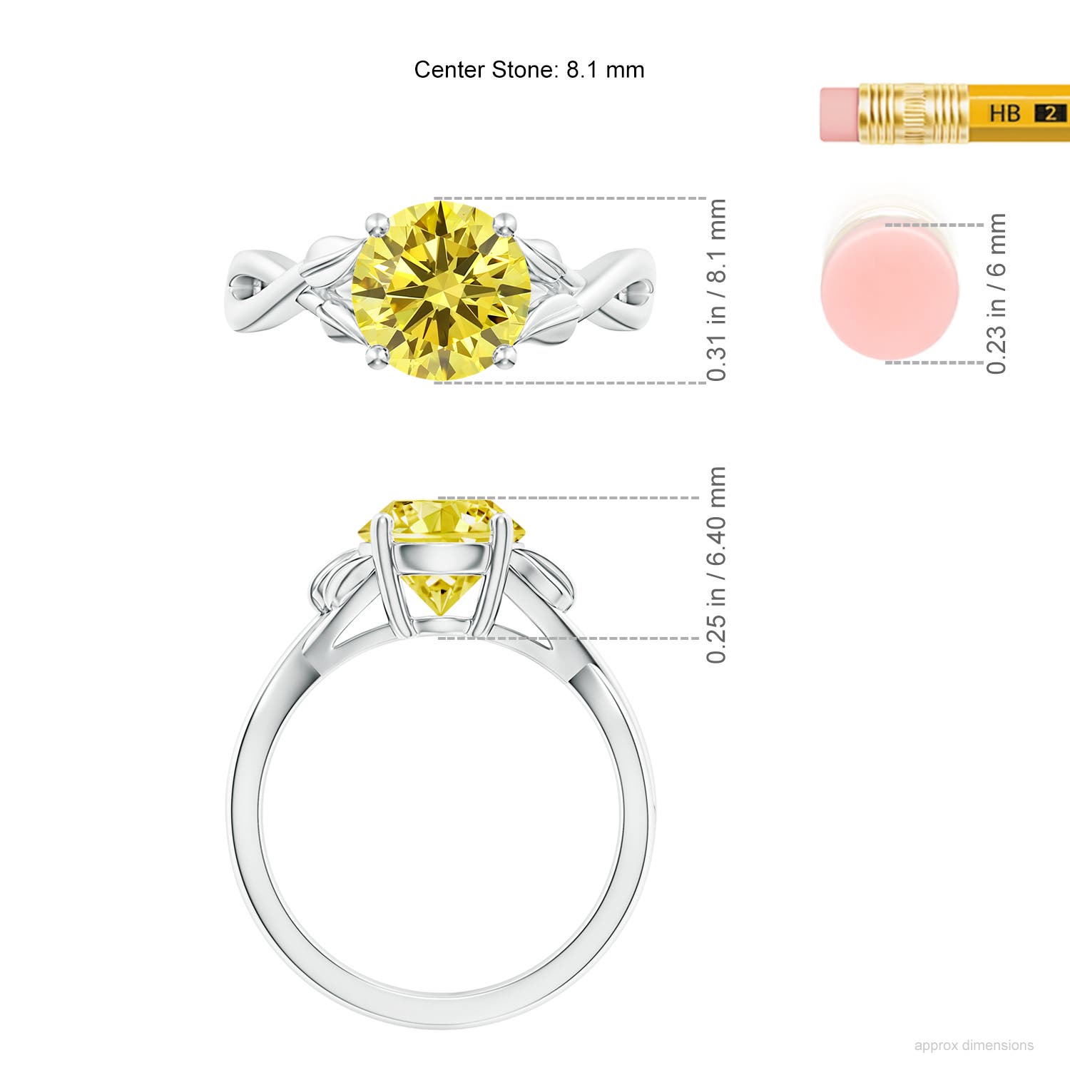 8.1mm Labgrown Nature Inspired Lab-Grown Fancy Intense Yellow Diamond Crossover Ring with Leaf Motifs in White Gold - ruler