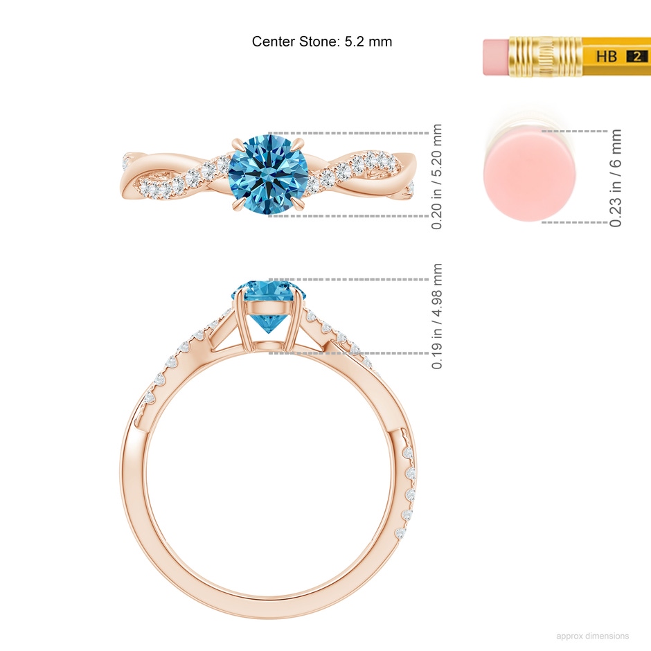 5.2mm Labgrown Classic Solitaire Lab-Grown Fancy Intense Blue Diamond Twist Shank Engagement Ring in Rose Gold ruler