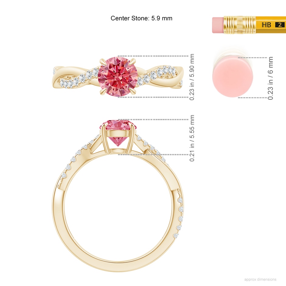 5.9mm Labgrown Classic Solitaire Lab-Grown Fancy Intense Pink Diamond Twist Shank Engagement Ring in Yellow Gold ruler