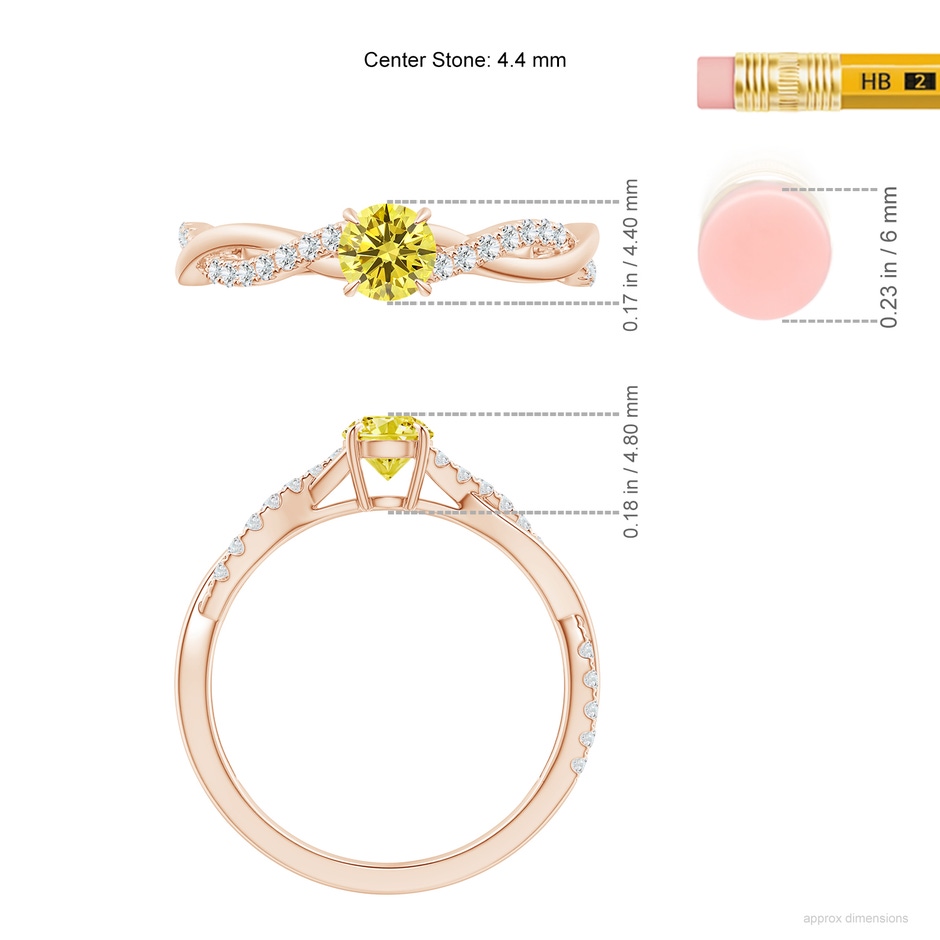 4.4mm Labgrown Classic Solitaire Lab-Grown Fancy Intense Yellow Diamond Twist Shank Engagement Ring in Rose Gold ruler