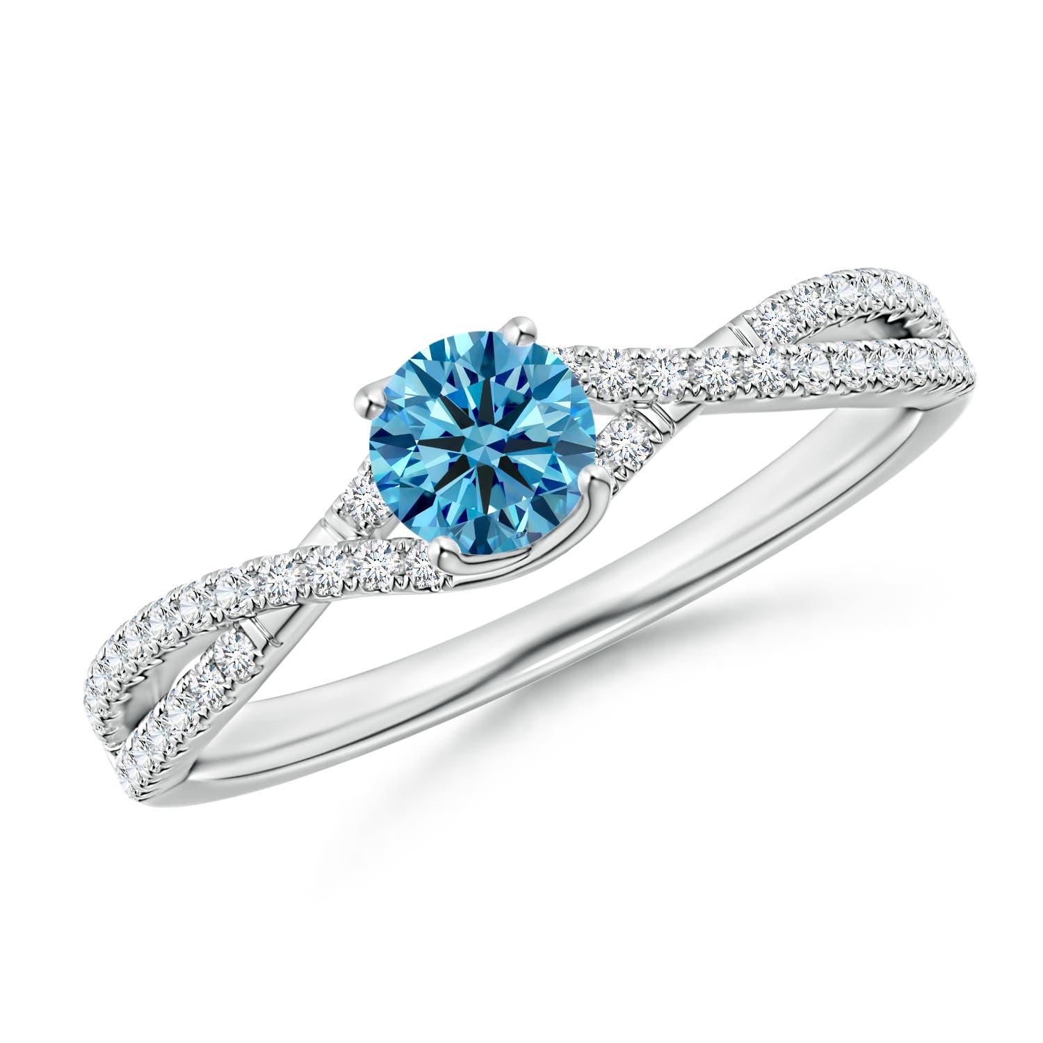 4.5mm Labgrown Twist Shank Solitaire Round Lab-Grown Fancy Intense Blue Diamond Engagement Ring in 18K White Gold