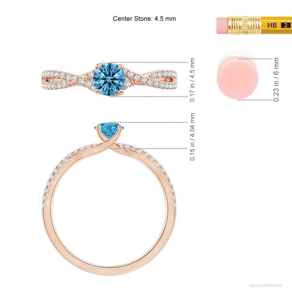 4.5mm Labgrown Twist Shank Solitaire Round Lab-Grown Fancy Intense Blue Diamond Engagement Ring in Rose Gold ruler