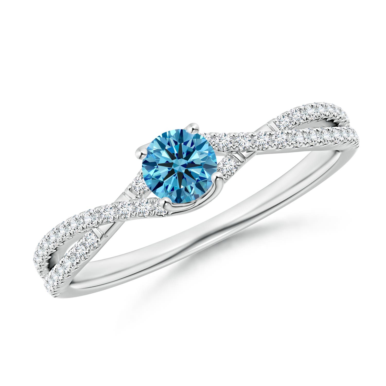4mm Labgrown Twist Shank Solitaire Round Lab-Grown Fancy Intense Blue Diamond Engagement Ring in 18K White Gold