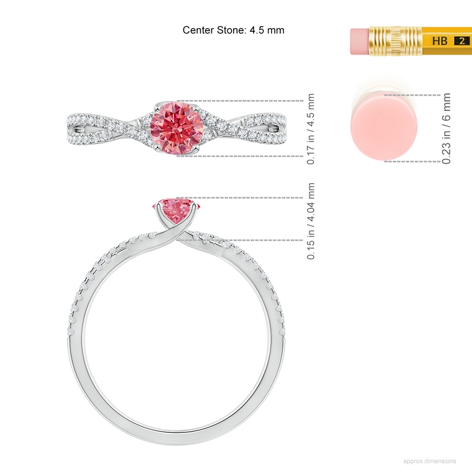 4.5mm Labgrown Twist Shank Solitaire Round Lab-Grown Fancy Intense Pink Diamond Engagement Ring in White Gold ruler