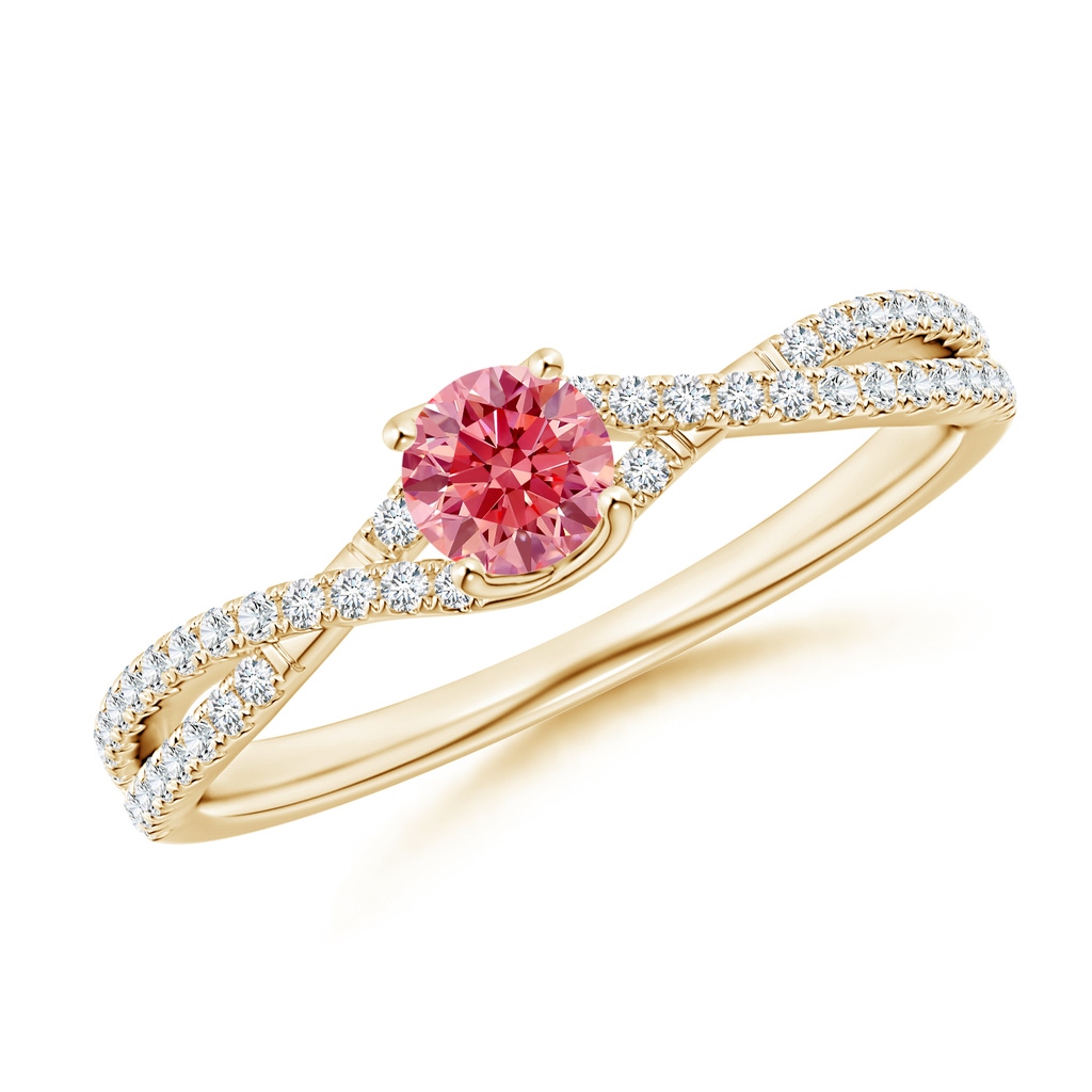 4mm Labgrown Twist Shank Solitaire Round Lab-Grown Fancy Intense Pink Diamond Engagement Ring in Yellow Gold