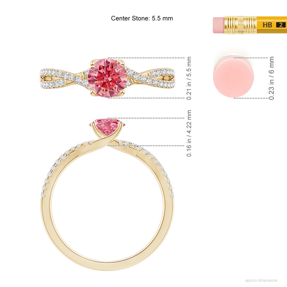 5.5mm Labgrown Twist Shank Solitaire Round Lab-Grown Fancy Intense Pink Diamond Engagement Ring in 18K Yellow Gold ruler