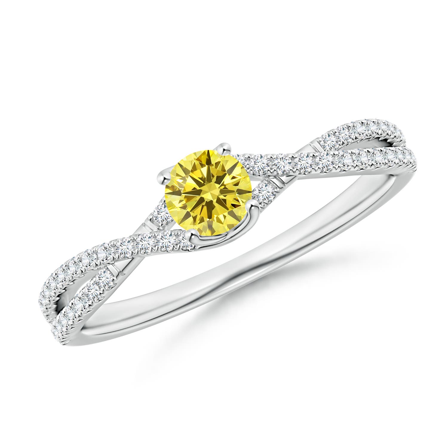 4mm Labgrown Twist Shank Solitaire Round Lab-Grown Fancy Intense Yellow Diamond Engagement Ring in 18K White Gold