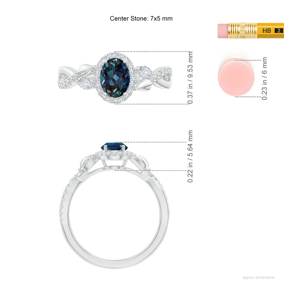 7x5mm Labgrown Oval Lab-Grown Alexandrite Twisted Vine Ring with Diamond Halo in P950 Platinum ruler