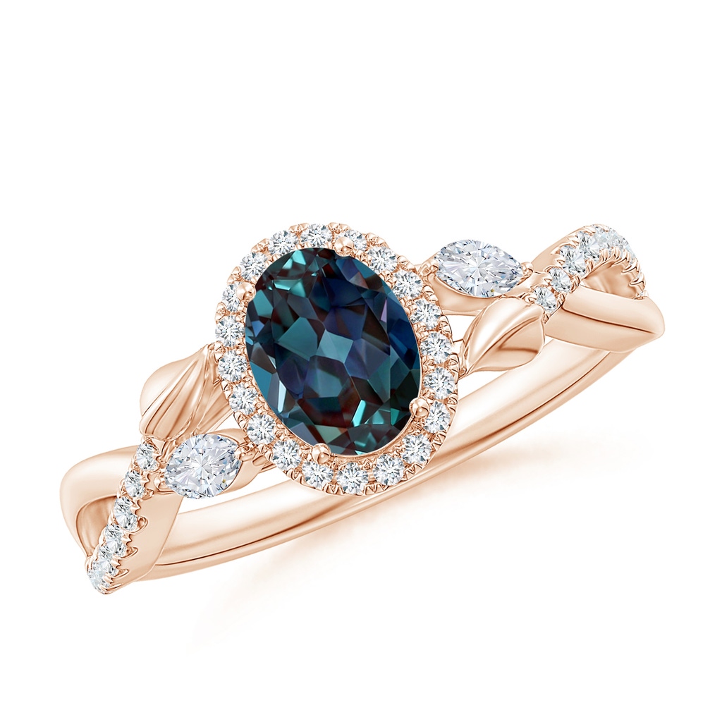 7x5mm Labgrown Oval Lab-Grown Alexandrite Twisted Vine Ring with Diamond Halo in Rose Gold