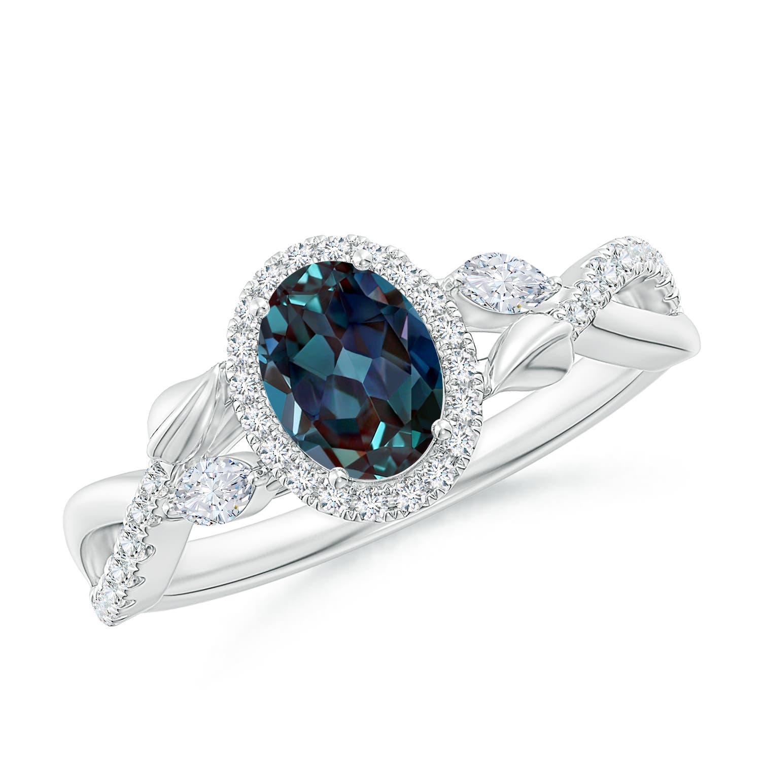 7x5mm Labgrown Oval Lab-Grown Alexandrite Twisted Vine Ring with Diamond Halo in White Gold