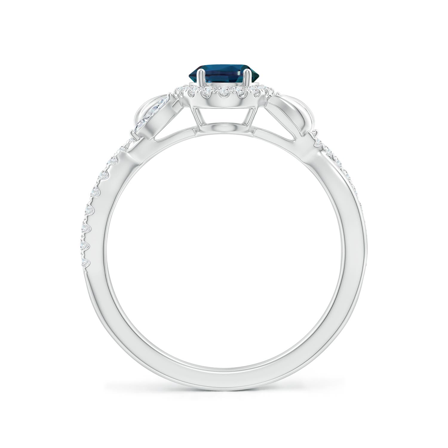 7x5mm Labgrown Oval Lab-Grown Alexandrite Twisted Vine Ring with Diamond Halo in White Gold