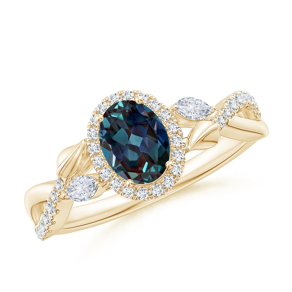 7x5mm Labgrown Oval Lab-Grown Alexandrite Twisted Vine Ring with Diamond Halo in Yellow Gold