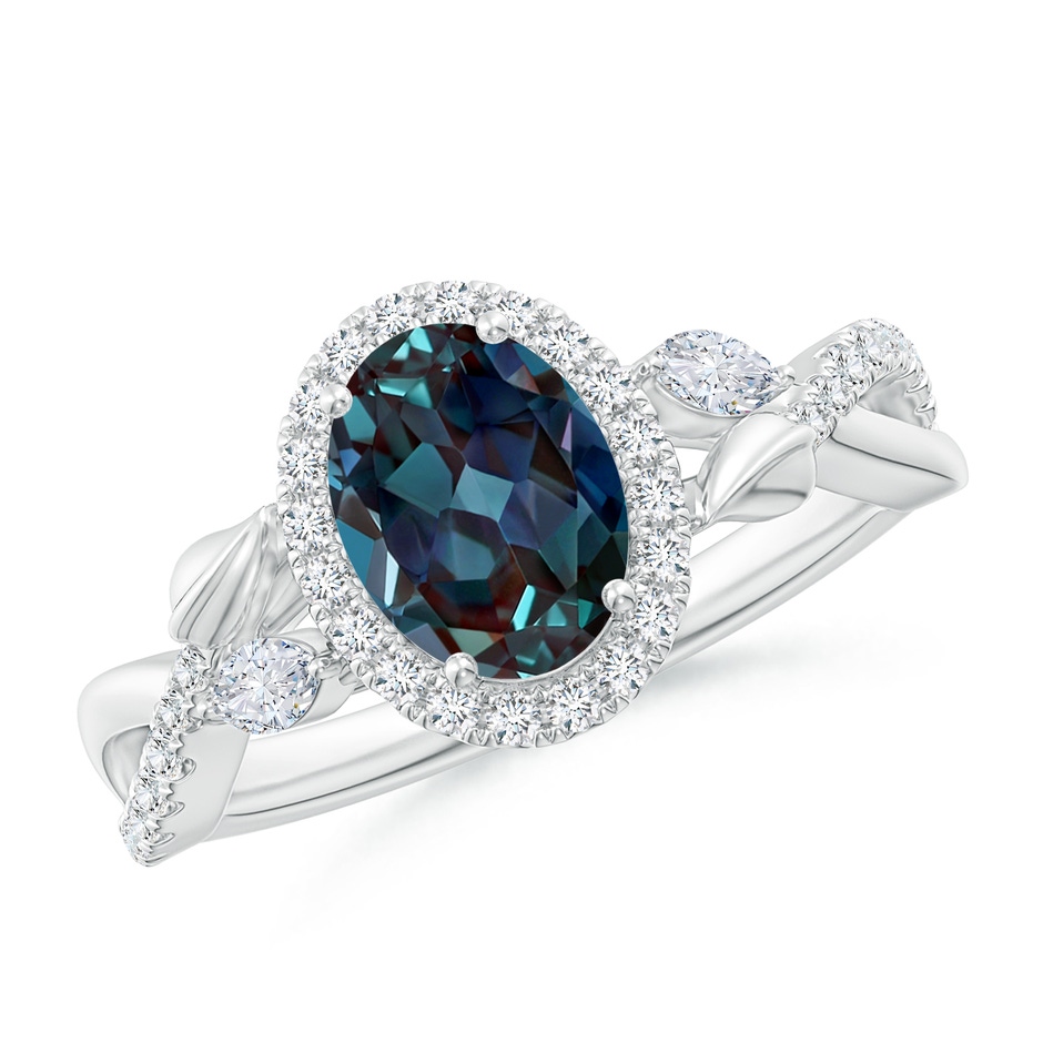 8x6mm Labgrown Oval Lab-Grown Alexandrite Twisted Vine Ring with Diamond Halo in 18K White Gold 