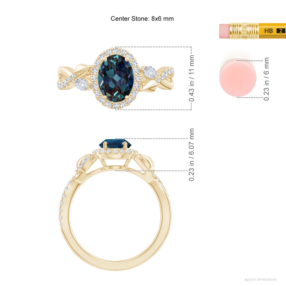 8x6mm Labgrown Oval Lab-Grown Alexandrite Twisted Vine Ring with Diamond Halo in 18K Yellow Gold ruler