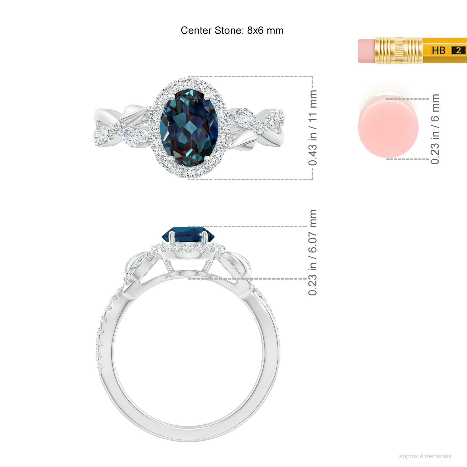 8x6mm Labgrown Oval Lab-Grown Alexandrite Twisted Vine Ring with Diamond Halo in White Gold - ruler