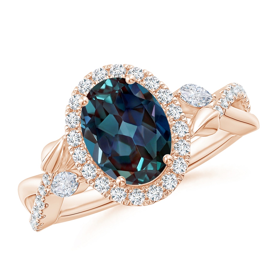 9x7mm Labgrown Oval Lab-Grown Alexandrite Twisted Vine Ring with Diamond Halo in 18K Rose Gold 