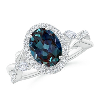 9x7mm Labgrown Oval Lab-Grown Alexandrite Twisted Vine Ring with Diamond Halo in P950 Platinum