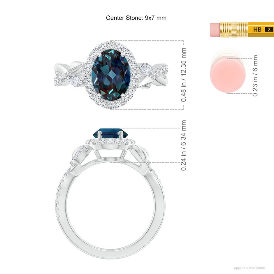 9x7mm Labgrown Oval Lab-Grown Alexandrite Twisted Vine Ring with Diamond Halo in White Gold ruler