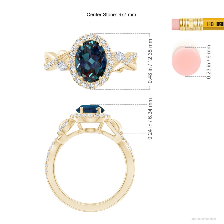 9x7mm Labgrown Oval Lab-Grown Alexandrite Twisted Vine Ring with Diamond Halo in Yellow Gold ruler