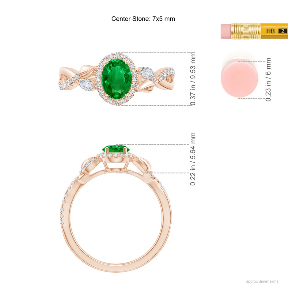 7x5mm Labgrown Lab-Grown Oval Emerald Twisted Vine Ring with Diamond Halo in Rose Gold ruler
