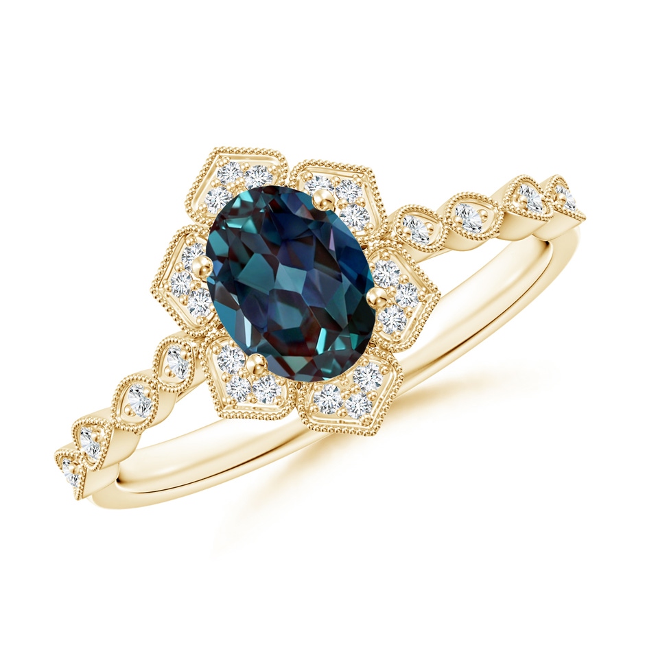 7x5mm Labgrown Oval Lab-Grown Alexandrite Trillium Floral Shank Ring in Yellow Gold 