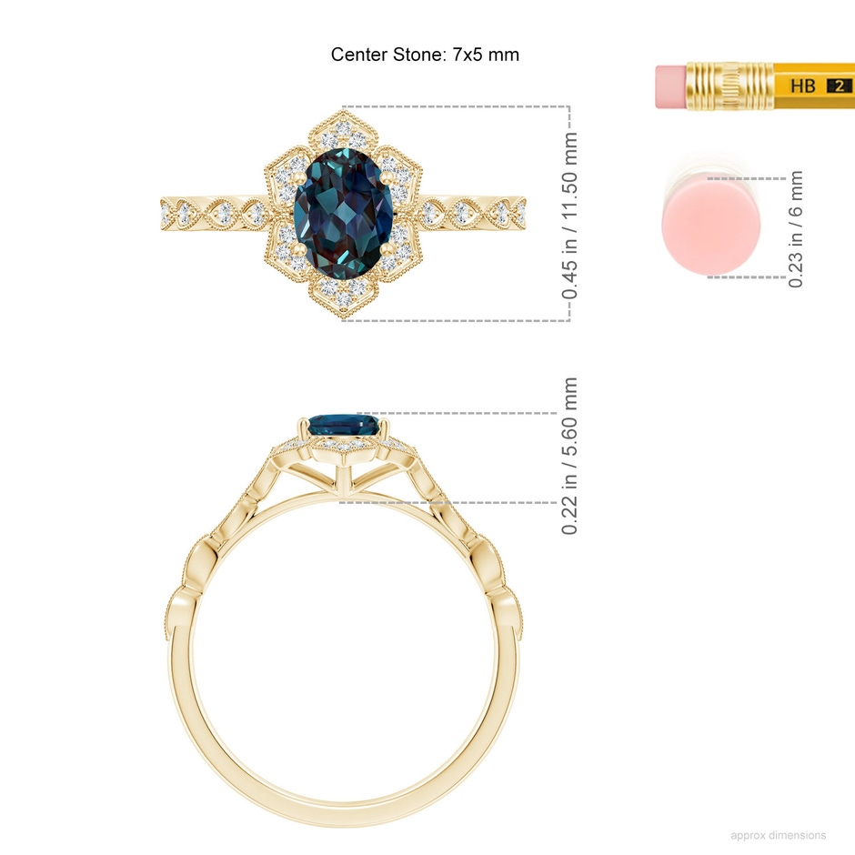 7x5mm Labgrown Oval Lab-Grown Alexandrite Trillium Floral Shank Ring in Yellow Gold ruler