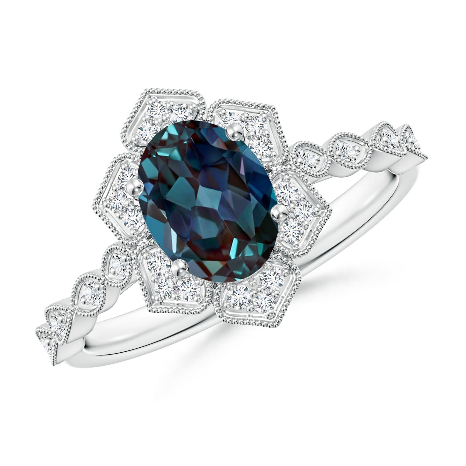 8x6mm Labgrown Oval Lab-Grown Alexandrite Trillium Floral Shank Ring in 18K White Gold