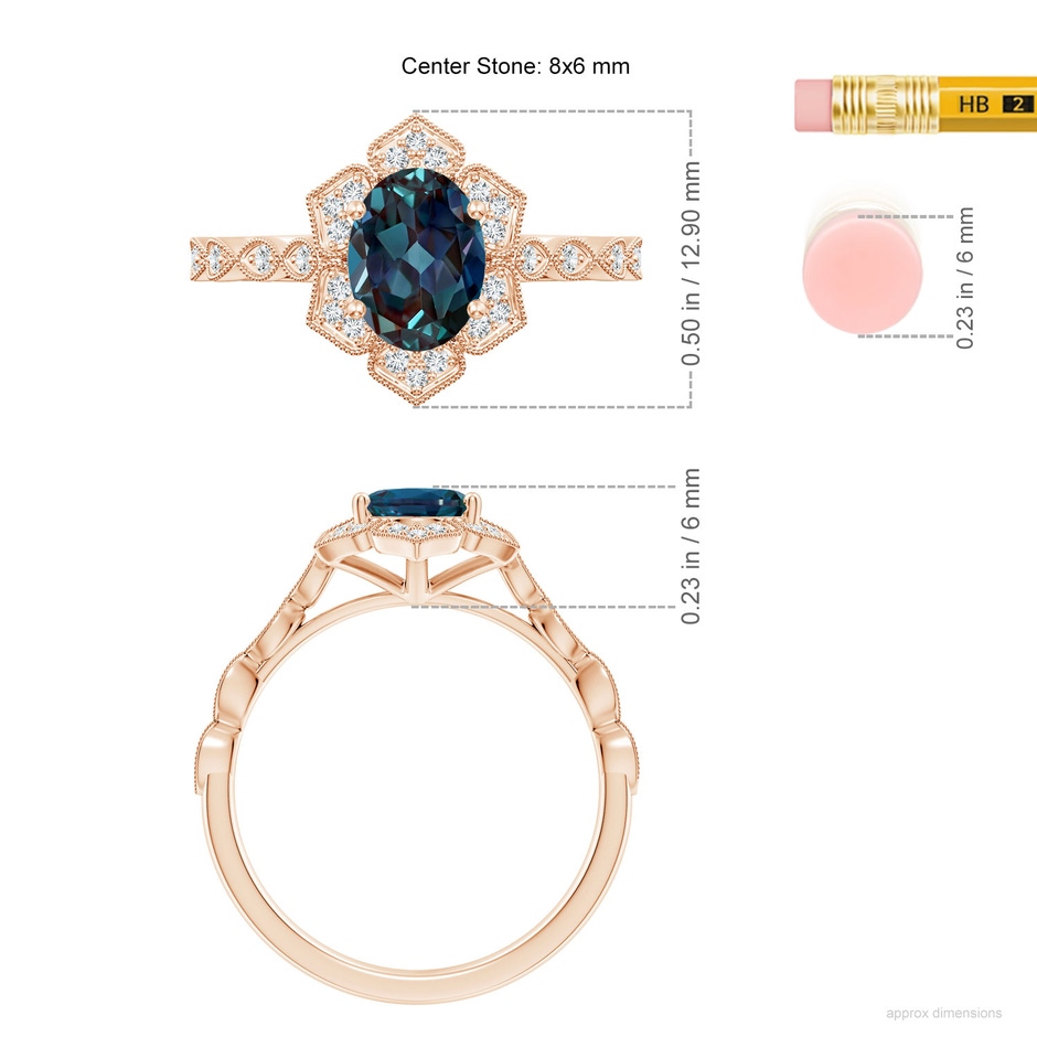 8x6mm Labgrown Oval Lab-Grown Alexandrite Trillium Floral Shank Ring in Rose Gold ruler