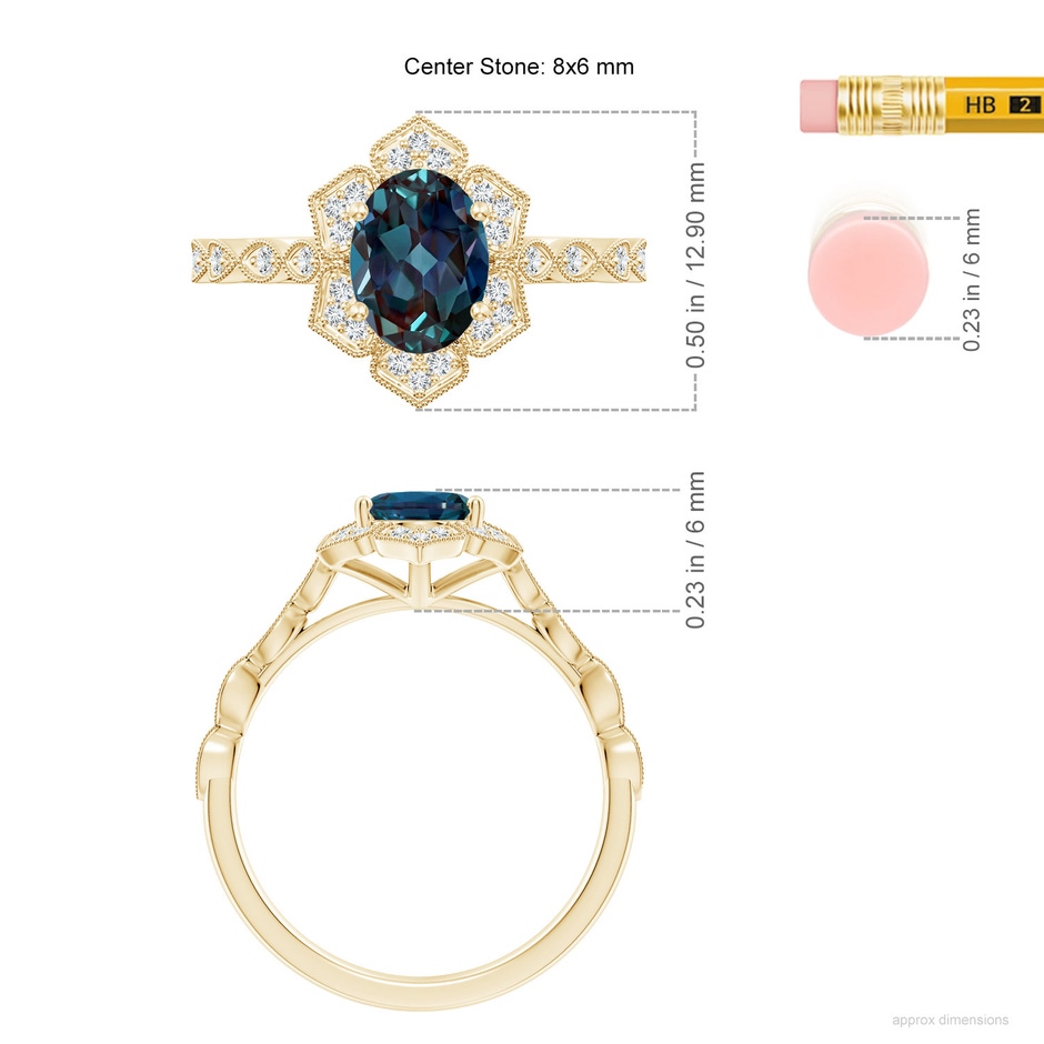 8x6mm Labgrown Oval Lab-Grown Alexandrite Trillium Floral Shank Ring in Yellow Gold ruler