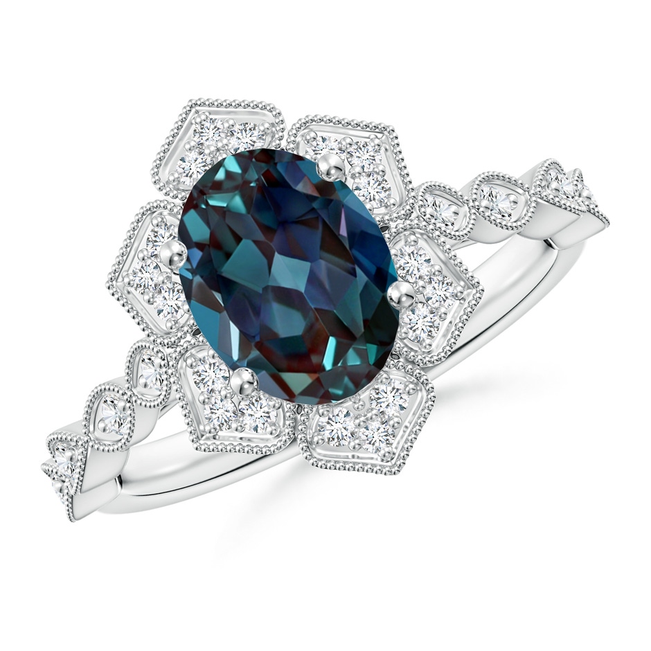 9x7mm Labgrown Oval Lab-Grown Alexandrite Trillium Floral Shank Ring in 18K White Gold 